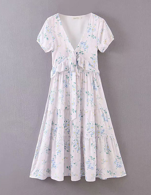 Fashion White Bow Flower Print V-neck Dress