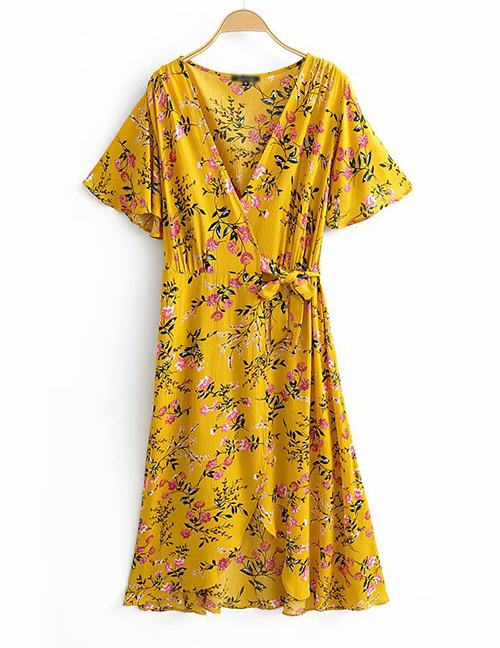 Fashion Yellow V-neck Lace Dress With Cotton Print