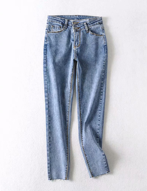 Fashion Navy Washed High-stretch Double-button Cropped Jeans