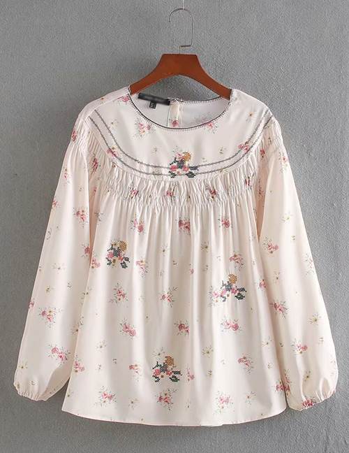 Fashion White Embroidered Printed Pleated Crew Neck Shirt