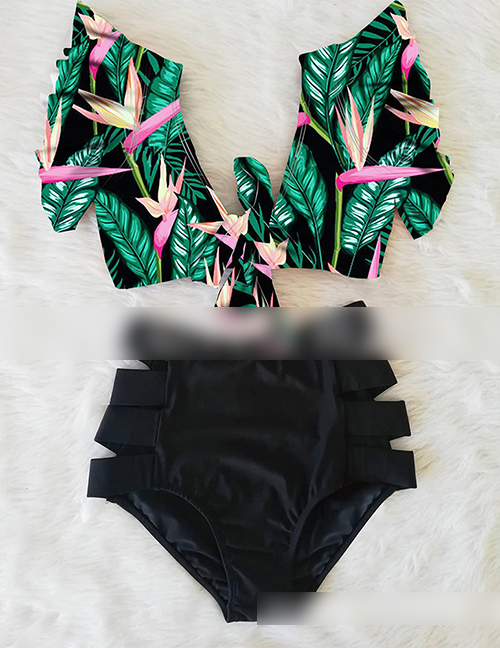 Fashion Black Bottom Green Leaf Rose Pink Flower + Black Bottom Pants Printed Bandage Lotus Leaf Lace High Waist Split Swimsuit