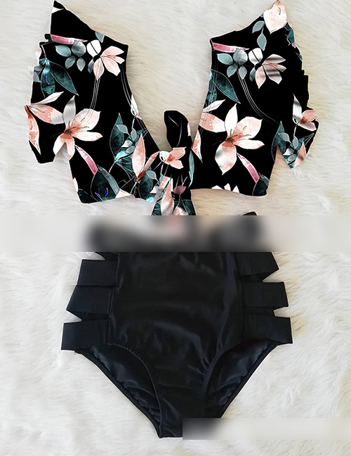 Fashion Black Powder And White Flowers + Black Bottoms Printed Bandage Lotus Leaf Lace High Waist Split Swimsuit