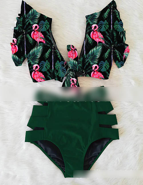 Fashion Green Leaf Flamingo + Green Leggings Printed Bandage Lotus Leaf Lace High Waist Split Swimsuit