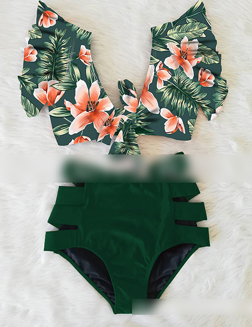 Fashion Leaf Orange Pink Flower + Green Leggings Printed Bandage Lotus Leaf Lace High Waist Split Swimsuit