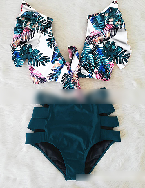 Fashion Palm Leaves On White + Blue Bottoms Printed Bandage Lotus Leaf Lace High Waist Split Swimsuit