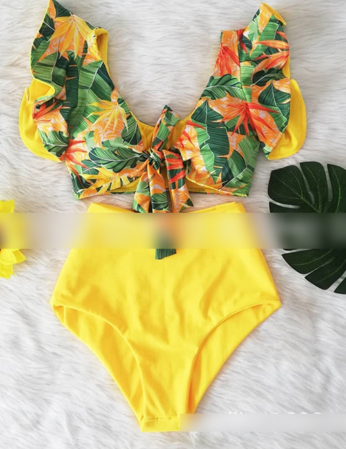Fashion Green Leaf Top + Yellow Leggings Printed Bandage Lotus Leaf Lace High Waist Split Swimsuit