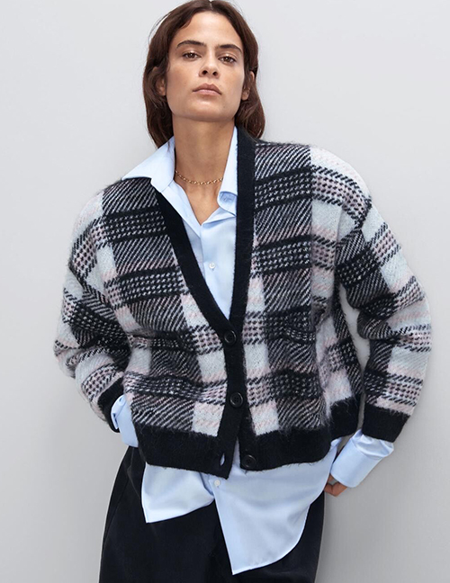 Fashion Black Checked Single-breasted V-neck Sweater Coat