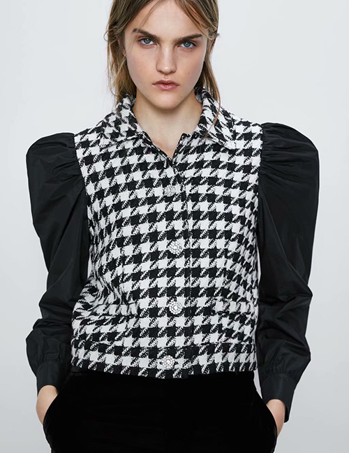 Fashion Black Tweed Lapel Stitching Puff Sleeve Top