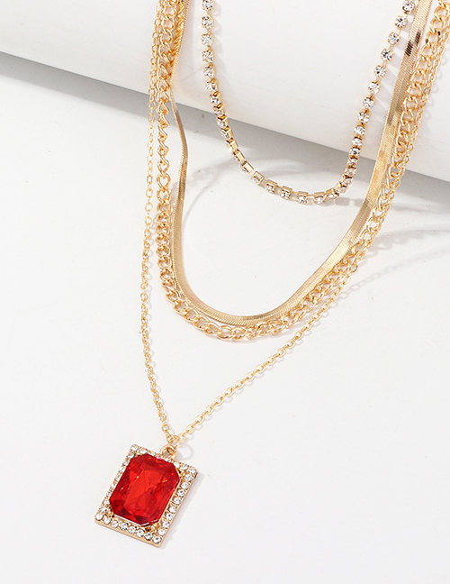 Fashion Red Multilayer Necklace With Diamonds And Rectangular Ruby ??pendants