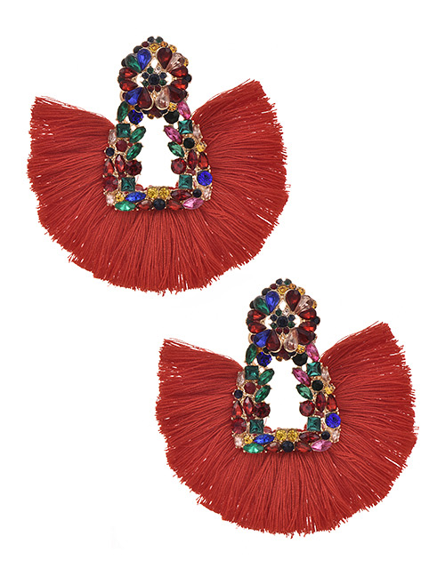 Fashion Red + Color Alloy Rhinestone Geometric Tassel Stud Earrings