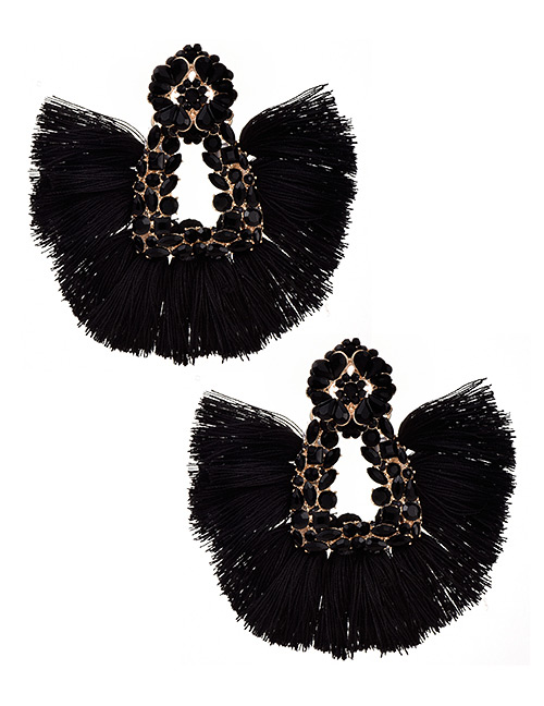 Fashion Black Alloy Rhinestone Geometric Tassel Stud Earrings