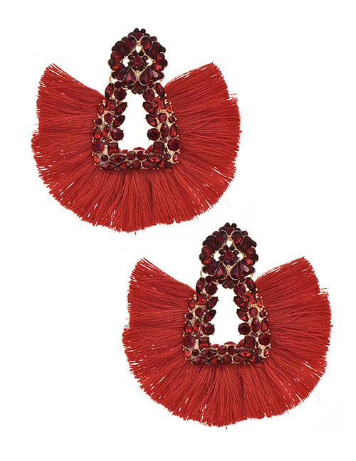 Fashion Red Alloy Rhinestone Geometric Tassel Stud Earrings