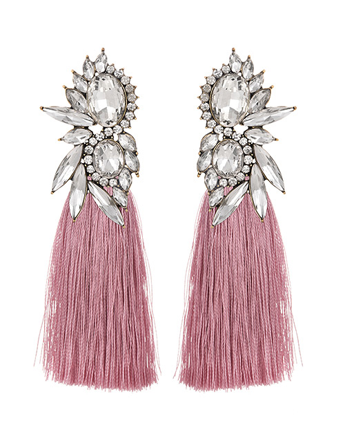 Fashion Leather Pink Alloy Rhinestone Water Drop Long Tassel Stud Earrings