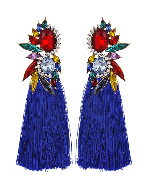 Fashion Royal Blue Alloy Rhinestone Water Drop Long Tassel Stud Earrings