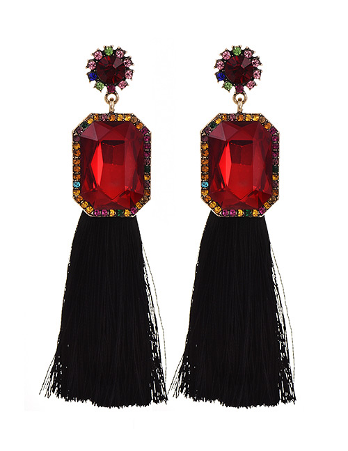 Fashion Black + Wine Red Alloy Rhinestone Square Long Fringe Stud Earrings