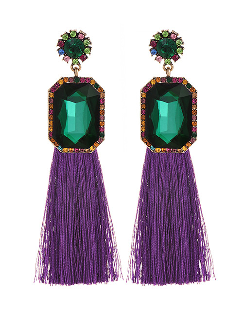 Fashion Purple + Dark Green Alloy Rhinestone Square Long Fringe Stud Earrings