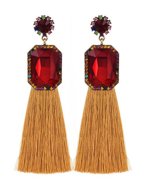 Fashion Ginger + Wine Red Alloy Rhinestone Square Long Fringe Stud Earrings