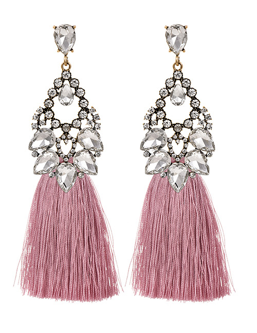 Fashion Leather Pink + White Alloy Rhinestone Hollow Water Drop Long Tassel Stud Earrings
