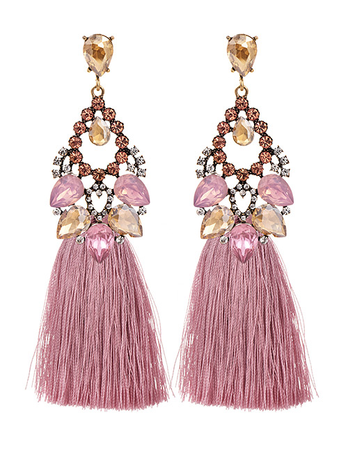 Fashion Leather Pink Alloy Rhinestone Hollow Water Drop Long Tassel Stud Earrings