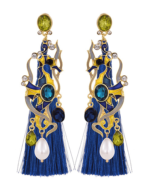Fashion Royal Blue Alloy Rhinestone Hollow Pattern Pearl Long Tassel Stud Earrings
