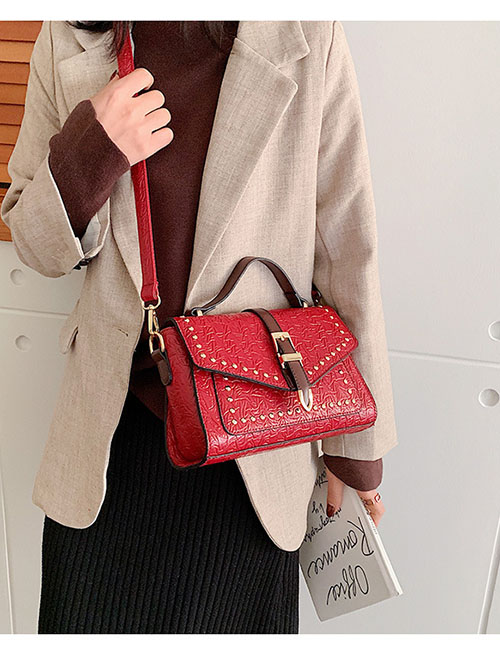 Fashion Red Studded Buckle Flap Shoulder Bag
