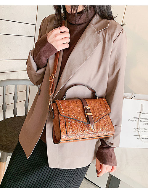 Fashion Brown Studded Buckle Flap Shoulder Bag