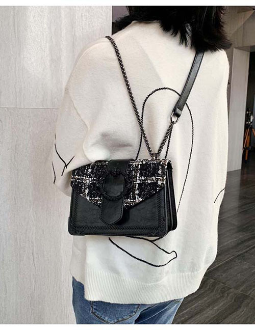 Fashion Black Plaid Houndstooth Chain Contrast Shoulder Bag