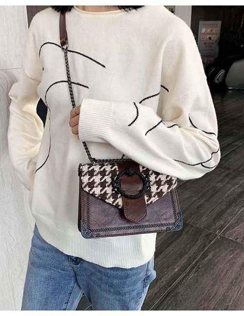 Fashion Coffee Houndstooth Houndstooth Chain Contrast Shoulder Bag
