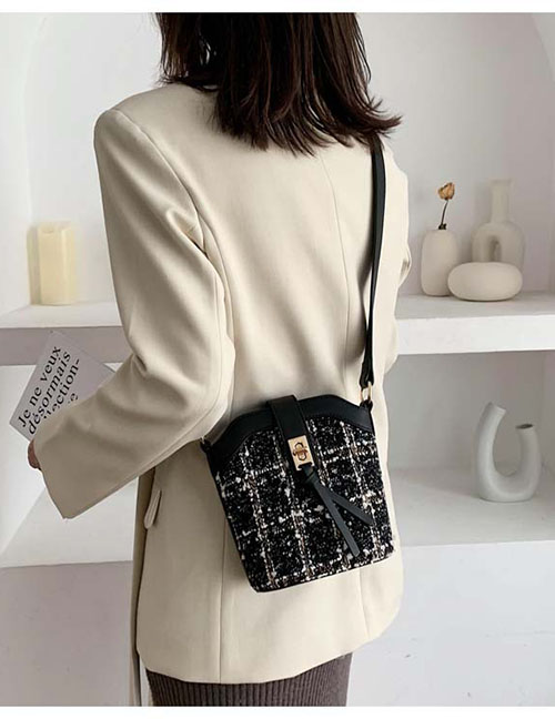 Fashion Black Plaid Houndstooth Contrast Lock Shoulder Crossbody Bag