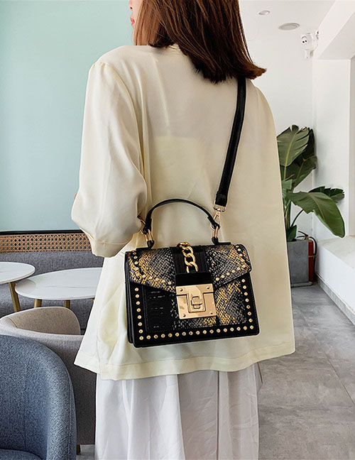 Fashion Black With Gold Snake-effect Studded Chain Shoulder Bag