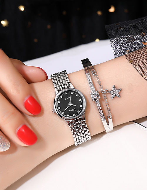Fashion Black Face With Silver Band Alloy Diamond Bracelet Watch