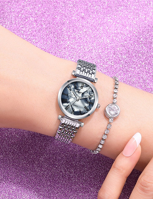 Fashion Black Face With Silver Band Marble Face Roman Scale Quartz Steel Band Bracelet Watch
