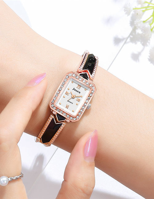 Fashion Rose Gold Black Belt Diamond Bracelet Watch With Diamonds