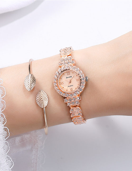 Fashion Rose Gold With Rose Gold Face Roman Scale Alloy Watch With Diamonds