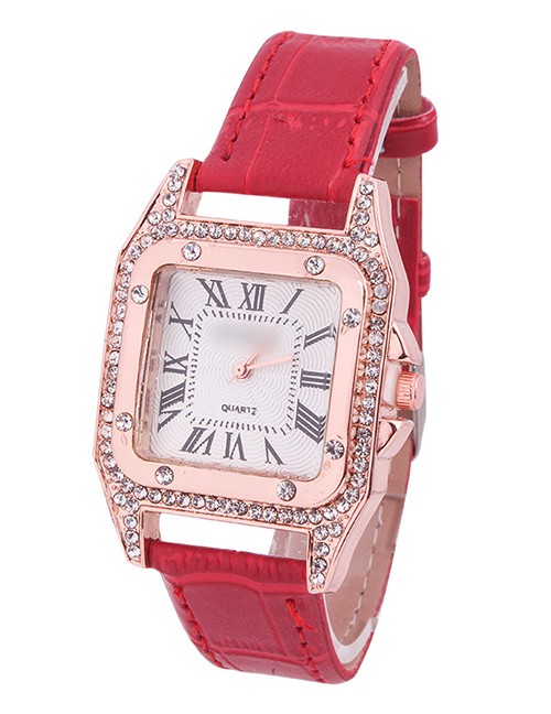 Fashion Red Leather Watch With Square Diamonds