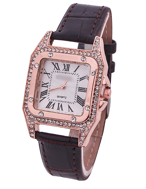 Fashion Black Leather Watch With Square Diamonds