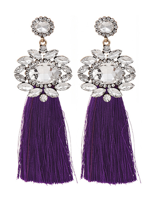 Fashion Purple Alloy Rhinestone Geometric Tassel Stud Earrings