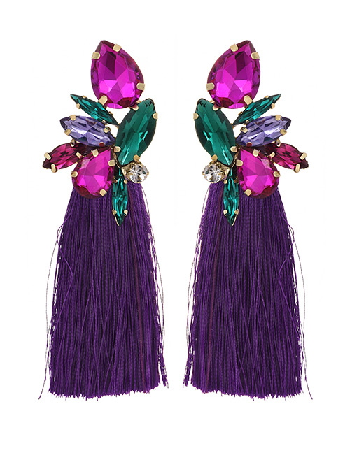 Fashion Purple + Green Alloy Rhinestone Drop Fringe Stud Earrings