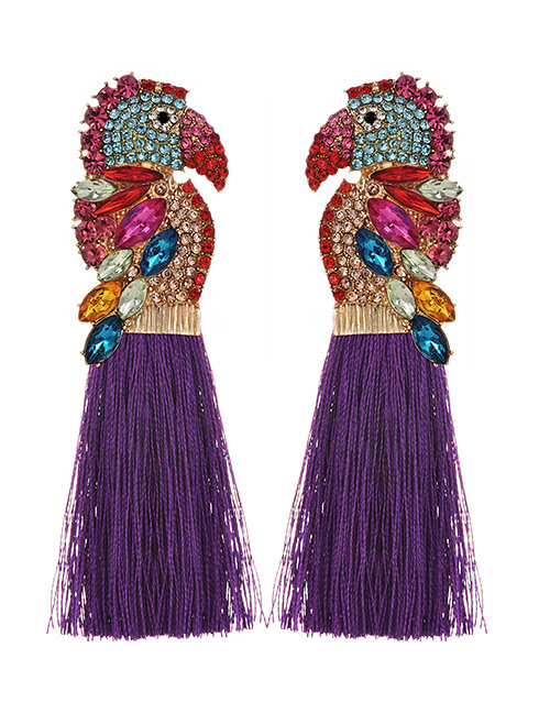 Fashion Purple Alloy Rhinestone Parrot Tassel Stud Earrings