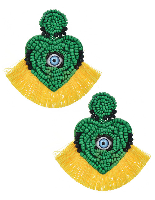 Fashion Yellow + Green Mizhu Love Eye Tassel Stud Earrings