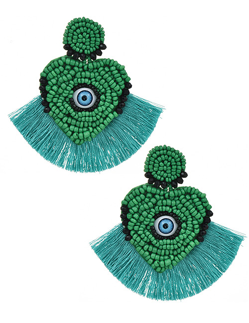 Fashion Lake Green + Green Mizhu Love Eye Tassel Stud Earrings