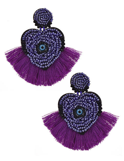 Fashion Purple Mizhu Love Eye Tassel Stud Earrings
