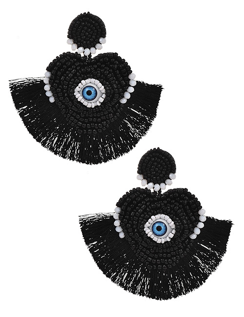 Fashion Black Mizhu Love Eye Tassel Stud Earrings