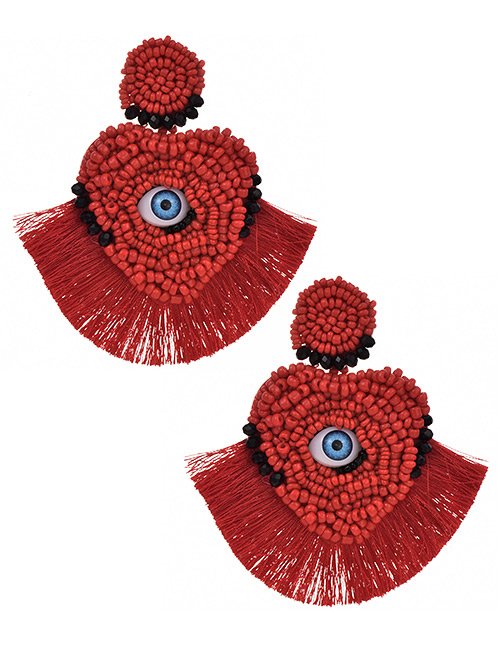 Fashion Red Mizhu Love Eye Tassel Stud Earrings