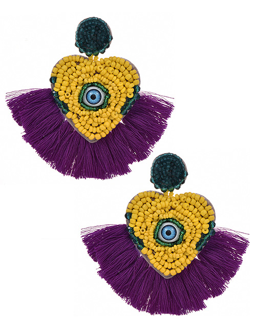 Fashion Yellow + Purple Mizhu Love Eye Tassel Stud Earrings