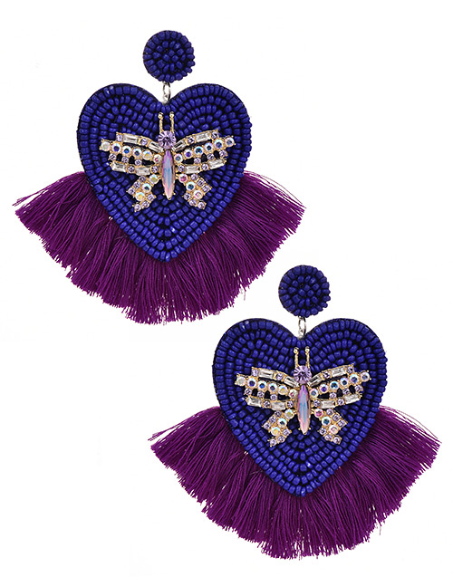 Fashion Purple + Royal Blue Alloy Rhinestone Butterfly Beads Love Tassel Earring