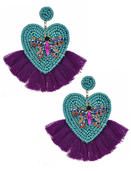 Fashion Purple + Lake Green Alloy Rhinestone Butterfly Beads Love Tassel Earring
