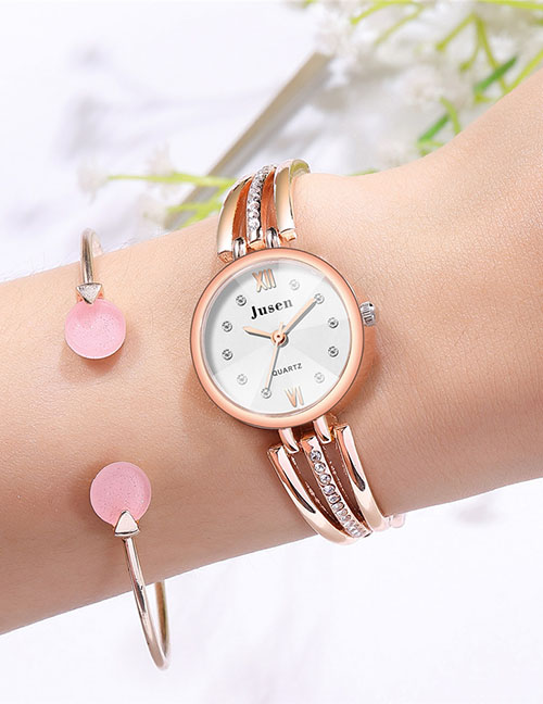 Fashion Rose Gold With White Surface Slim Diamond Watch With Steel Band
