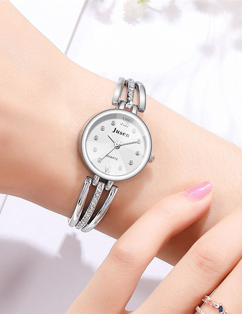 Fashion Silver With White Surface Slim Diamond Watch With Steel Band