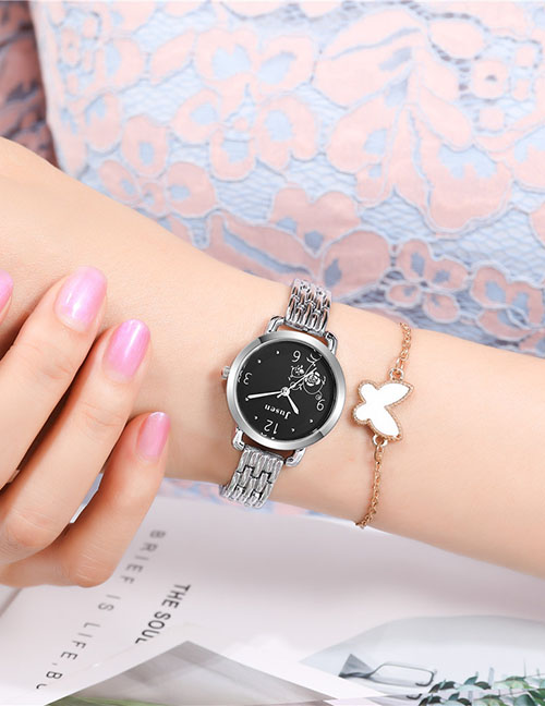 Fashion Black Face With Silver Band Rose Pattern Quartz Steel Bracelet Watch